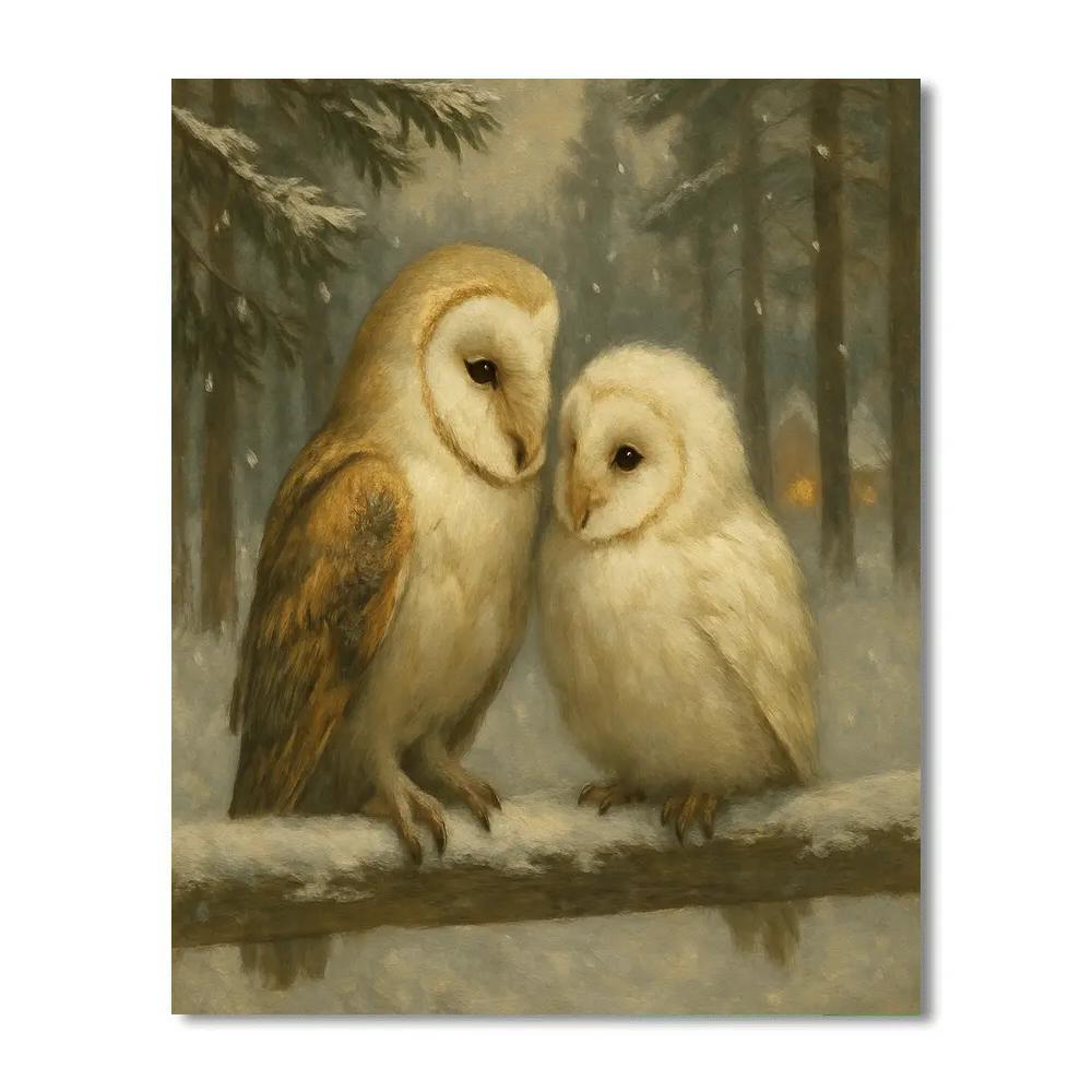Snowy Barn Owls Under Pine Shadow Painting by numbers kit