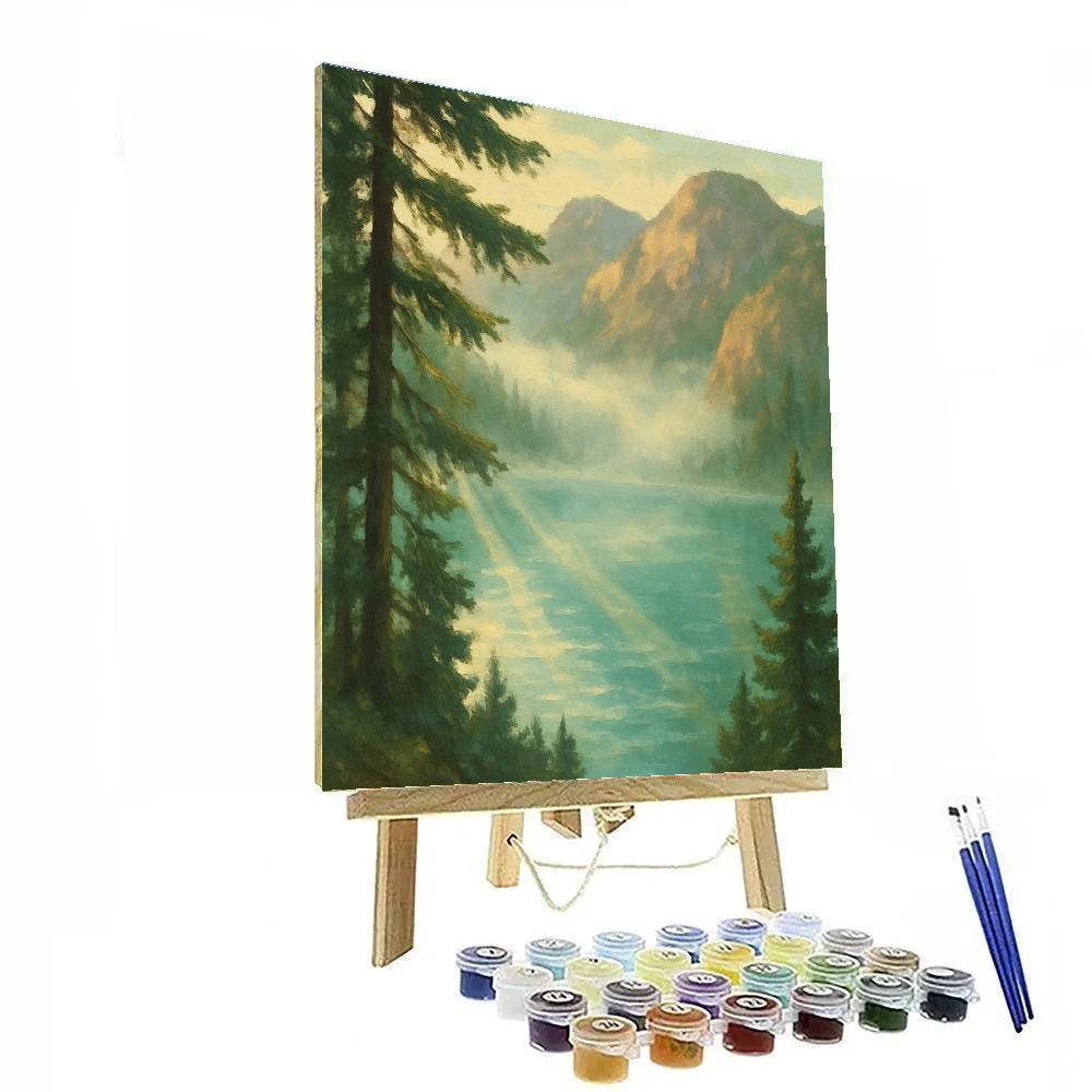 Mountain Bowl Lake With Mist Beams Through Fir Trees Painting by numbers kit