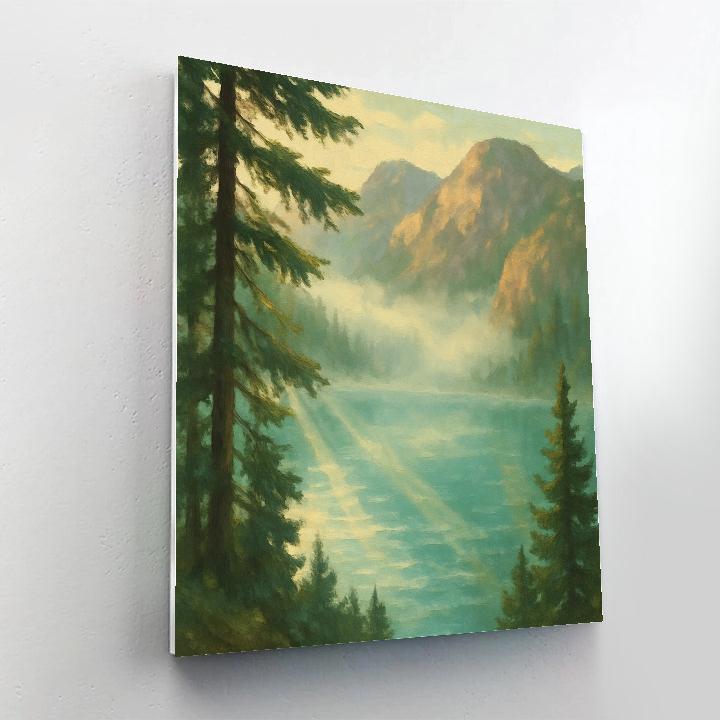 Mountain Bowl Lake With Mist Beams Through Fir Trees Painting by numbers kit
