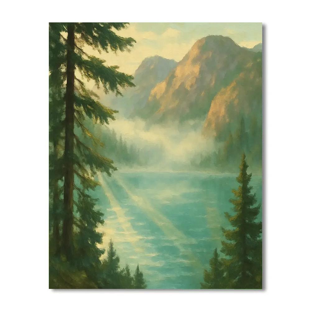 Mountain Bowl Lake With Mist Beams Through Fir Trees Painting by numbers kit