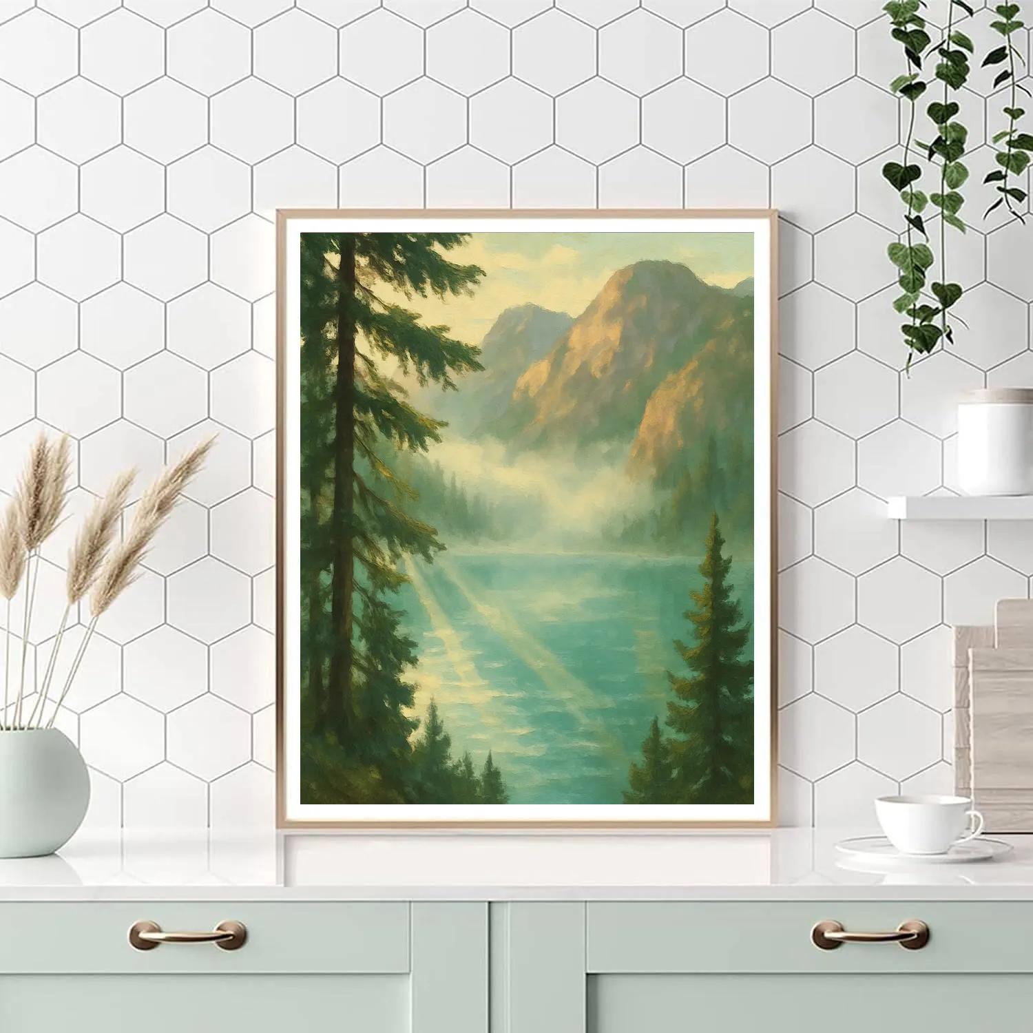 Mountain Bowl Lake With Mist Beams Through Fir Trees Painting by numbers kit