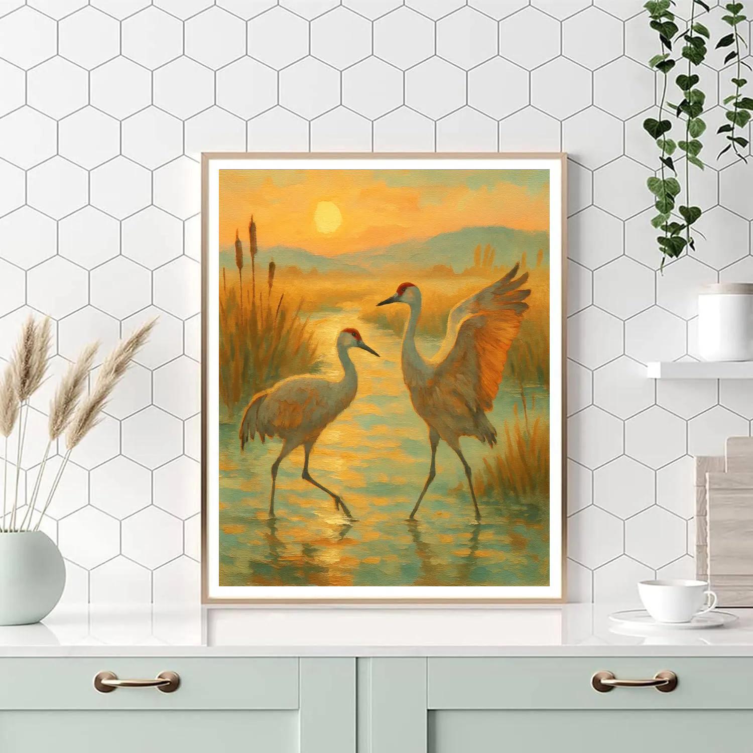 Sunrise Cranes In The Marsh Ribbon painting number kit