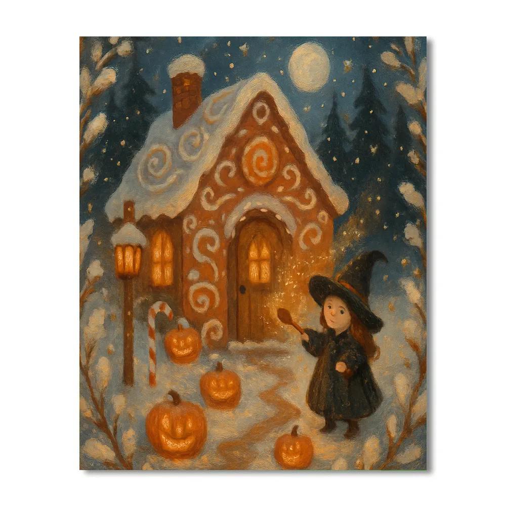 Gingerbread Witch Cottage In The Pumpkin Snow paint by numbers