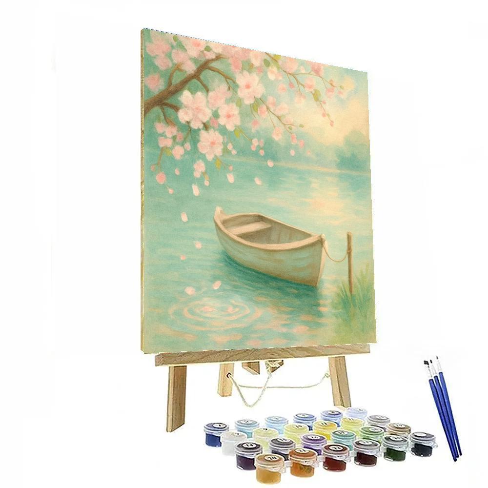 Spring Blossom Shoreline With Rowboat Tethered Calmly paint by color