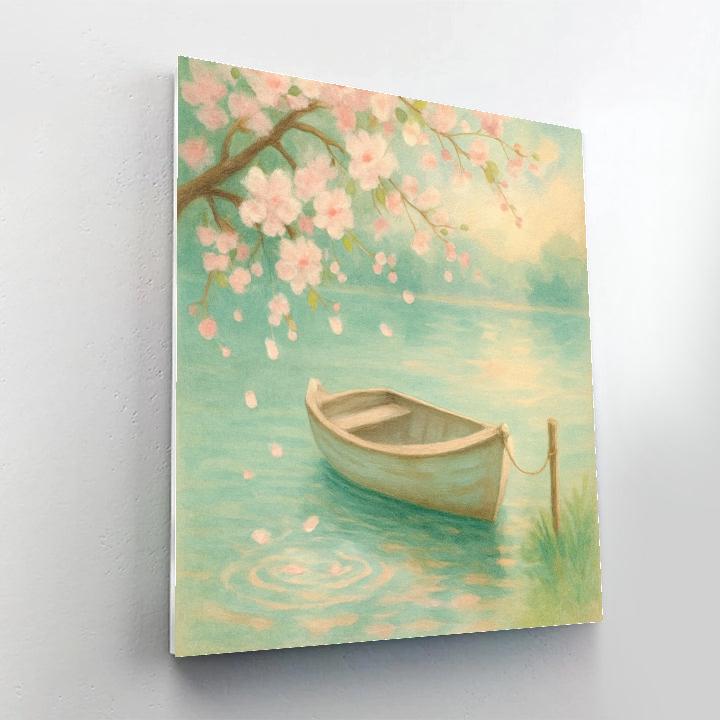 Spring Blossom Shoreline With Rowboat Tethered Calmly paint by color