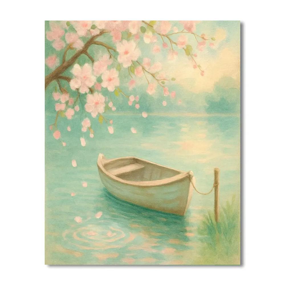 Spring Blossom Shoreline With Rowboat Tethered Calmly paint by color