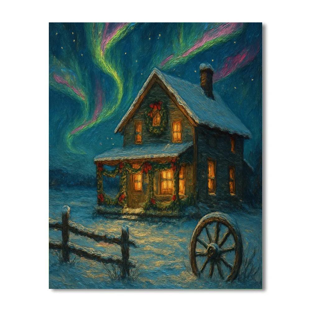 Aurora Over Christmas Farmhouse Numbered painting kits