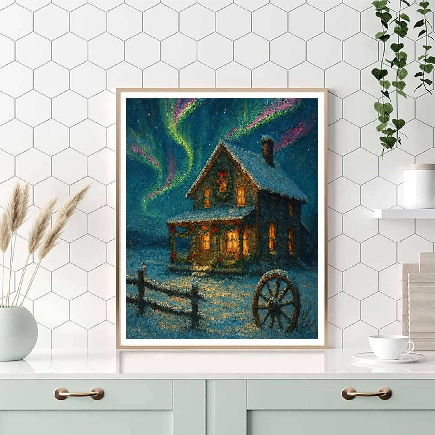 Aurora Over Christmas Farmhouse Numbered painting kits