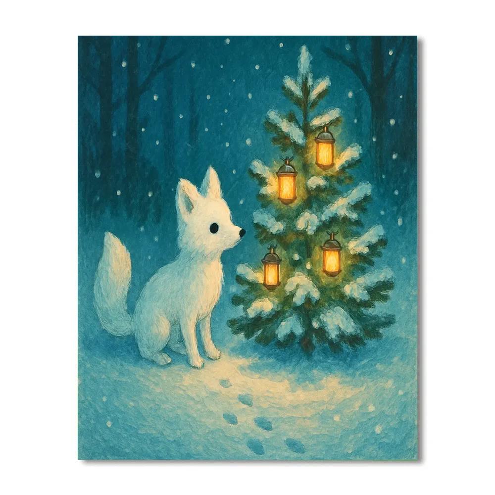 Snow Fox By Lantern Lit Tree painting number kit