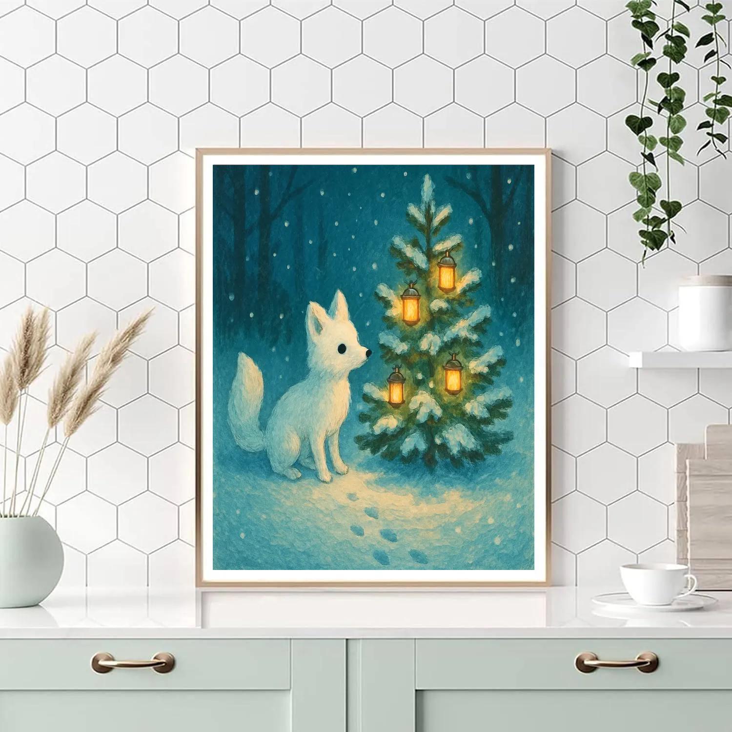 Snow Fox By Lantern Lit Tree painting number kit