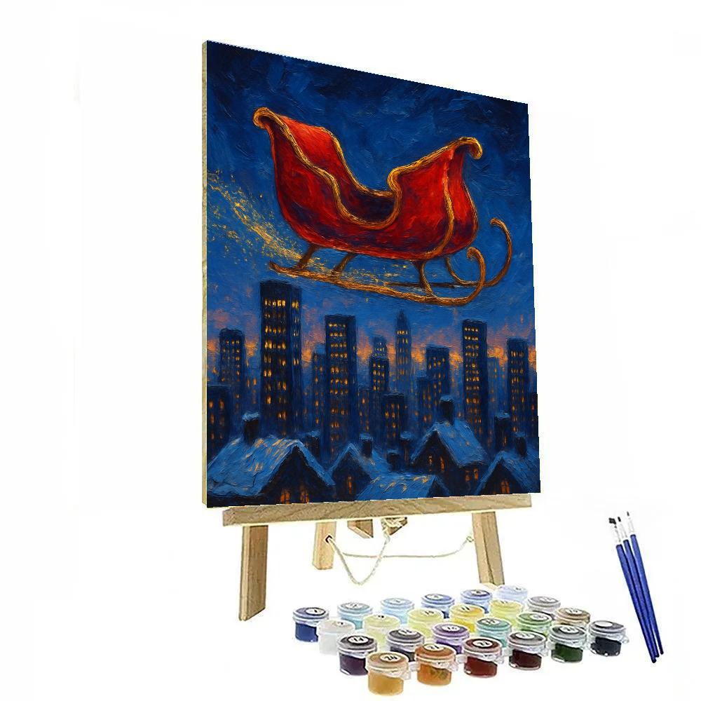 Midnight Sleigh Over City Rooftops paint by numbers