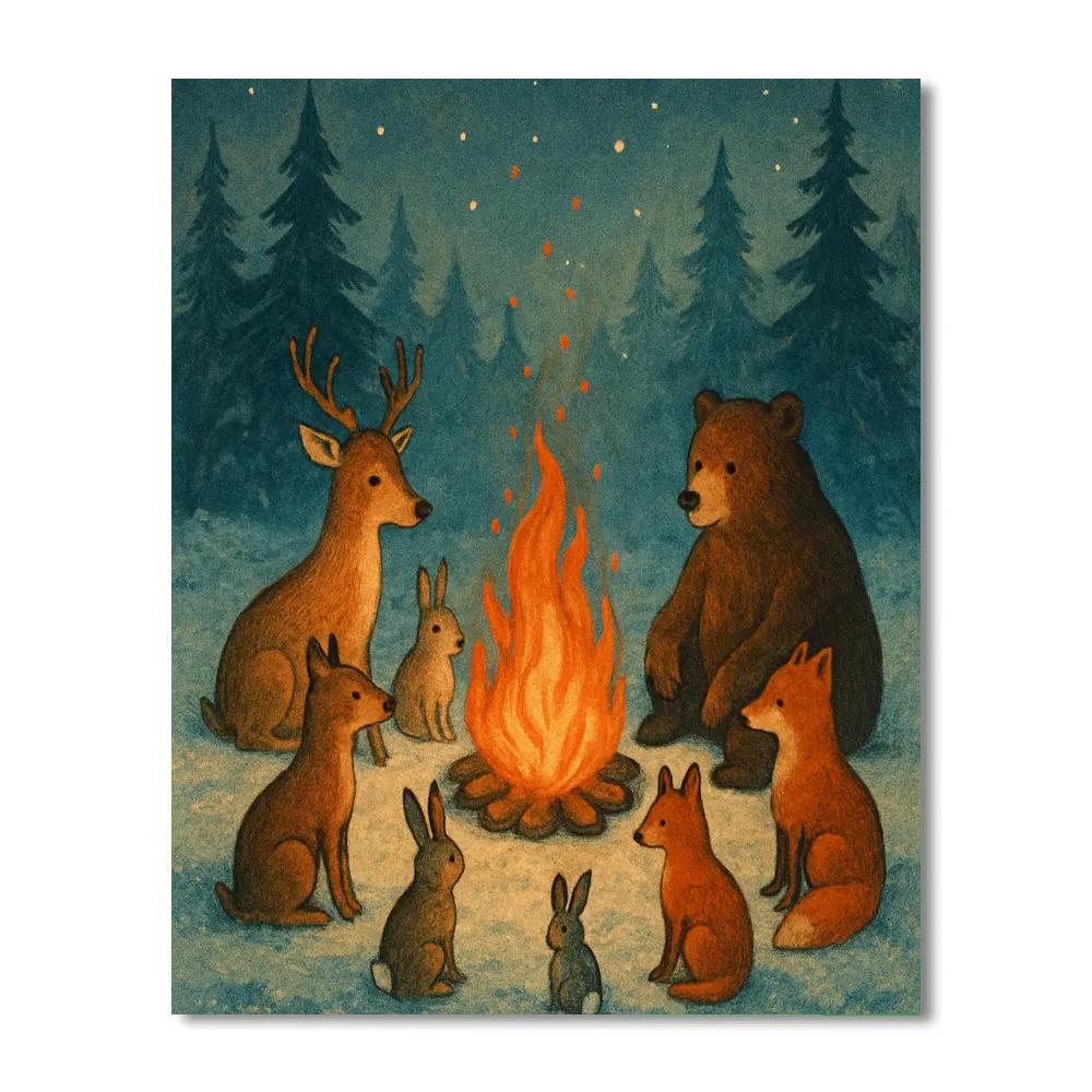 Forest Animals Around Winter Bonfire Numbered painting kits