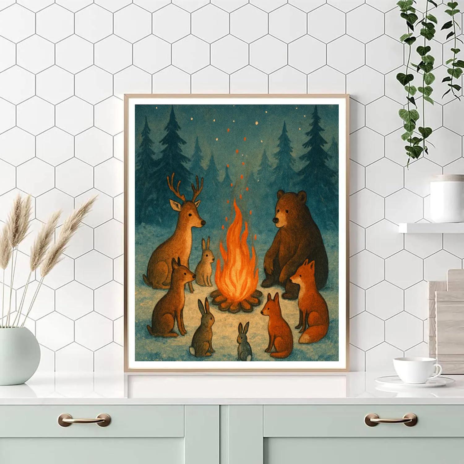 Forest Animals Around Winter Bonfire Numbered painting kits