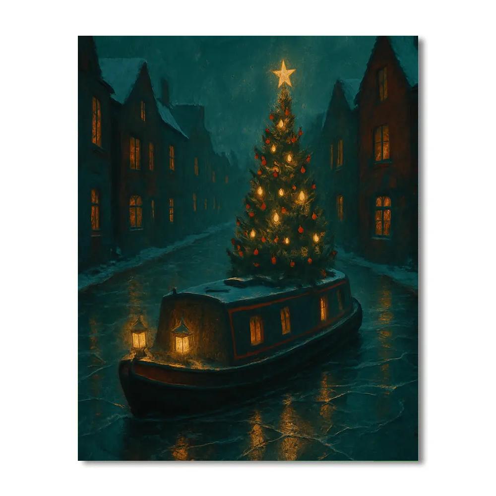 Christmas Tree On Frozen Canal Barge paint by number