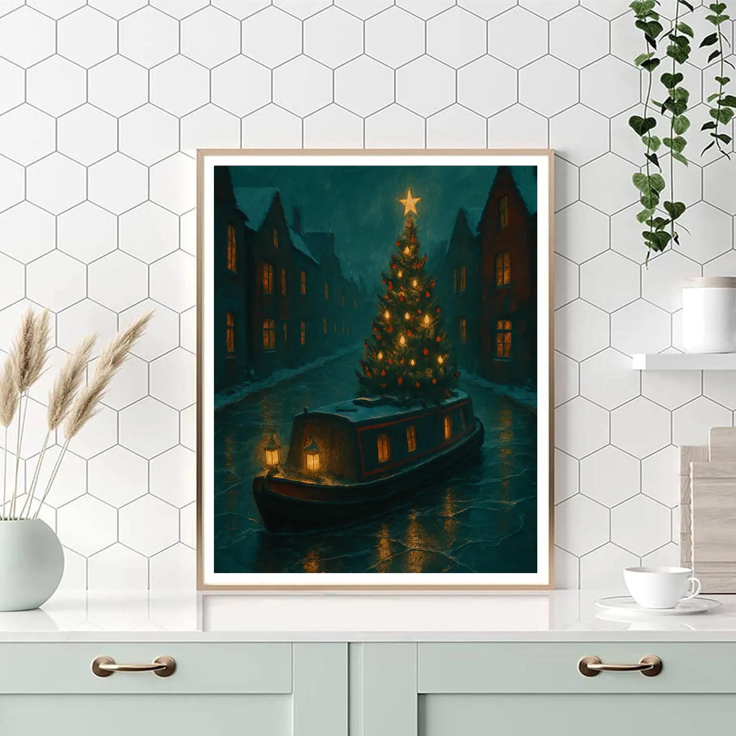 Christmas Tree On Frozen Canal Barge paint by number