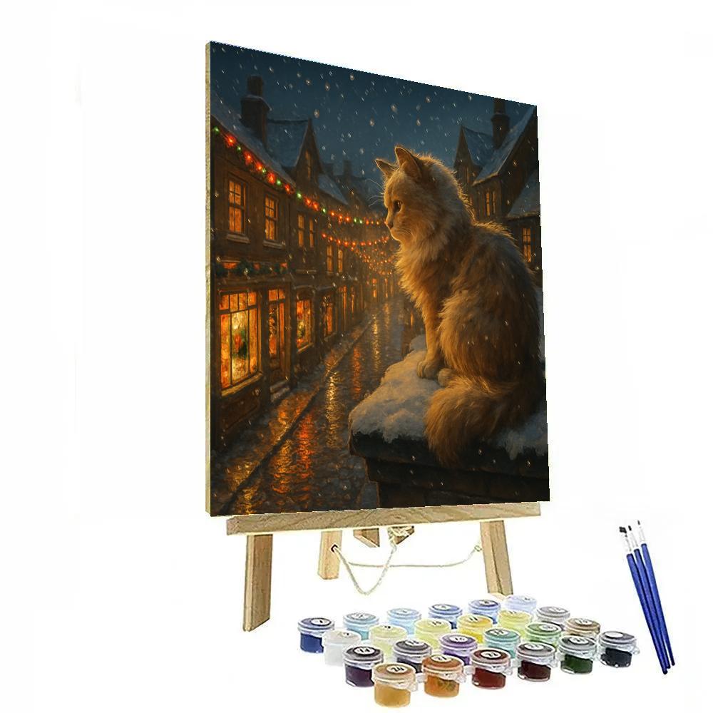 Christmas Cat Above City Streets painting number kit