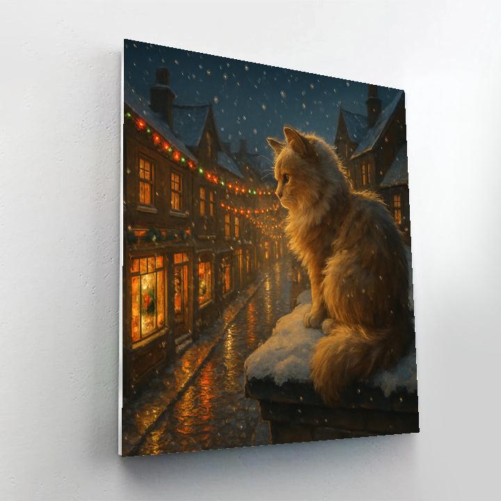 Christmas Cat Above City Streets painting number kit