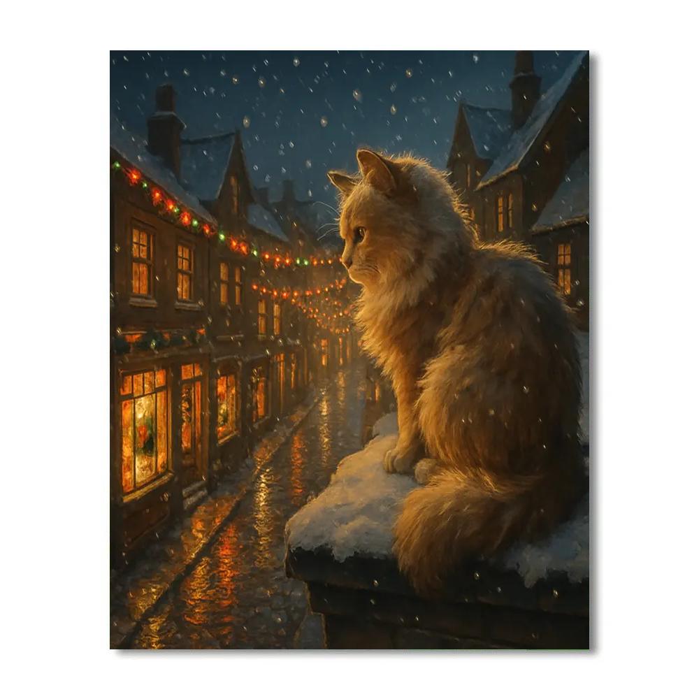 Christmas Cat Above City Streets painting number kit