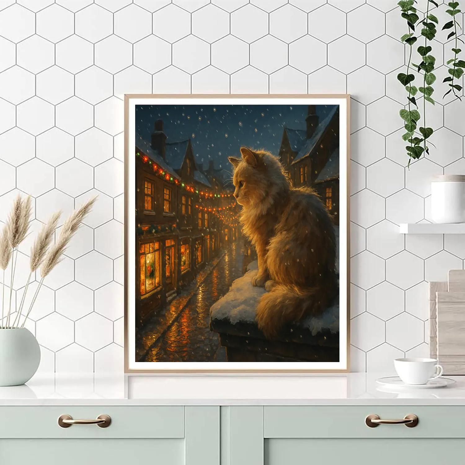 Christmas Cat Above City Streets painting number kit