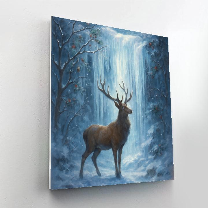 Christmas Deer At Frozen Waterfall painting number kit