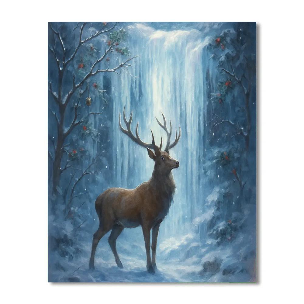 Christmas Deer At Frozen Waterfall painting number kit