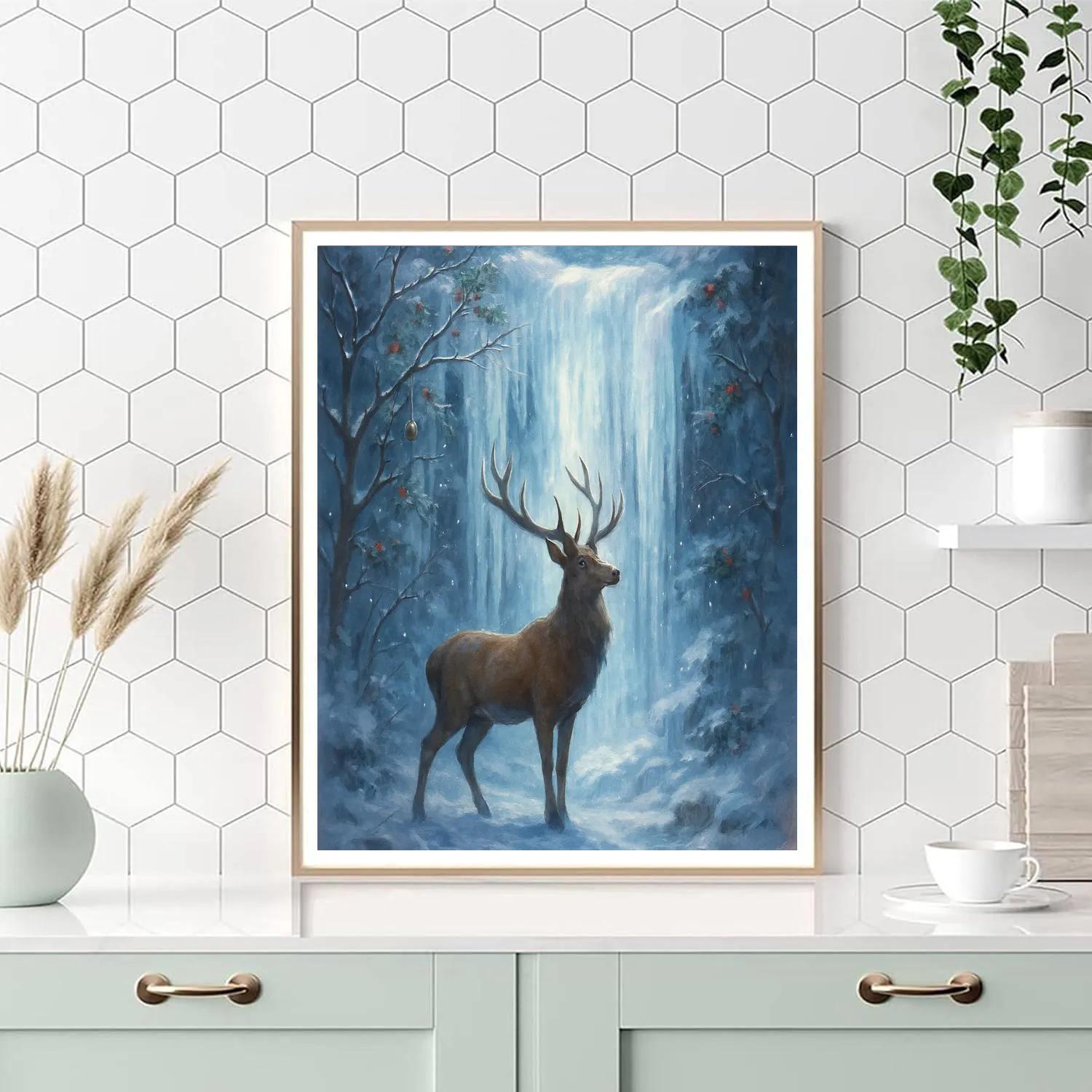 Christmas Deer At Frozen Waterfall painting number kit