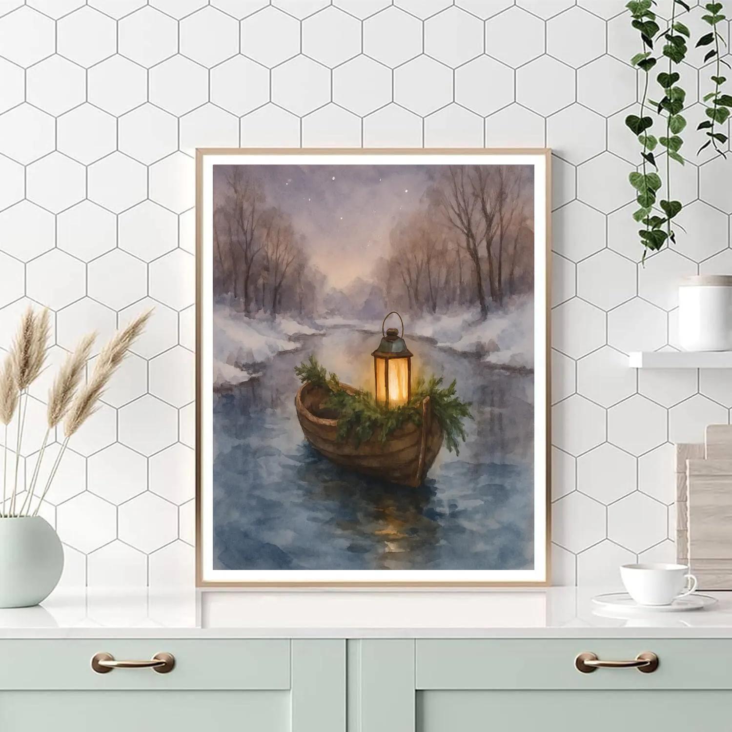 Holiday Lantern Boat On Quiet River Paint by numbers kits