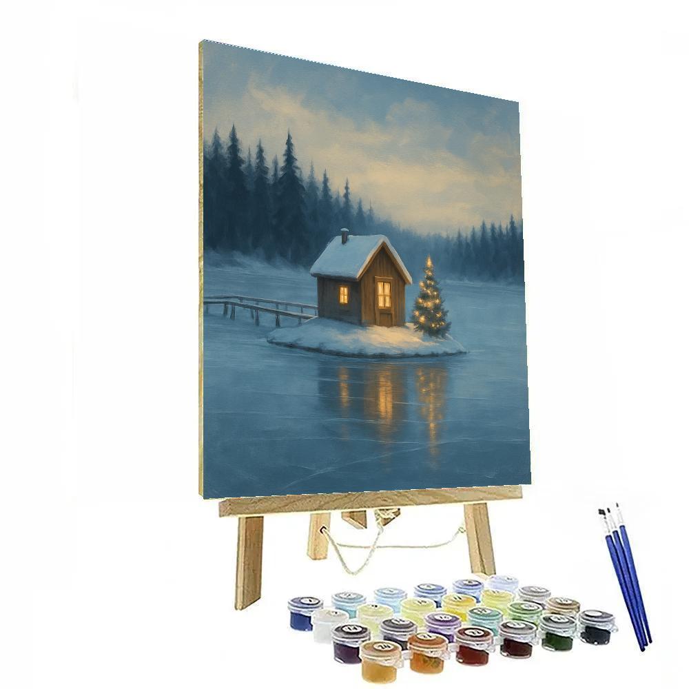 Christmas Cabin On Frozen Lake Island DIY paint by numbers