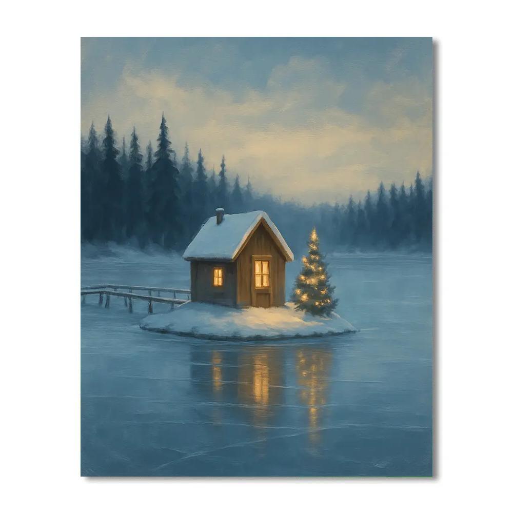 Christmas Cabin On Frozen Lake Island DIY paint by numbers