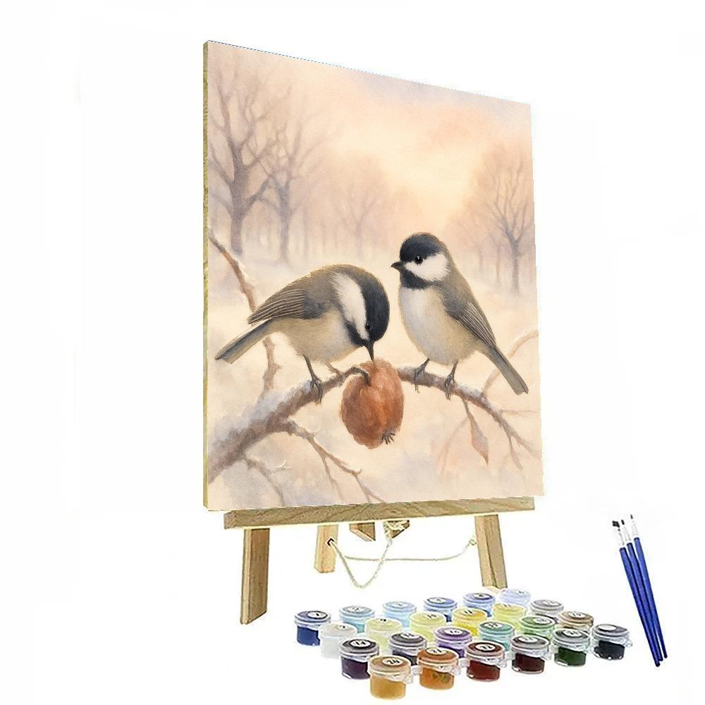 Snowy Orchard Chickadees In Quiet Morning Mist Numbered painting kits