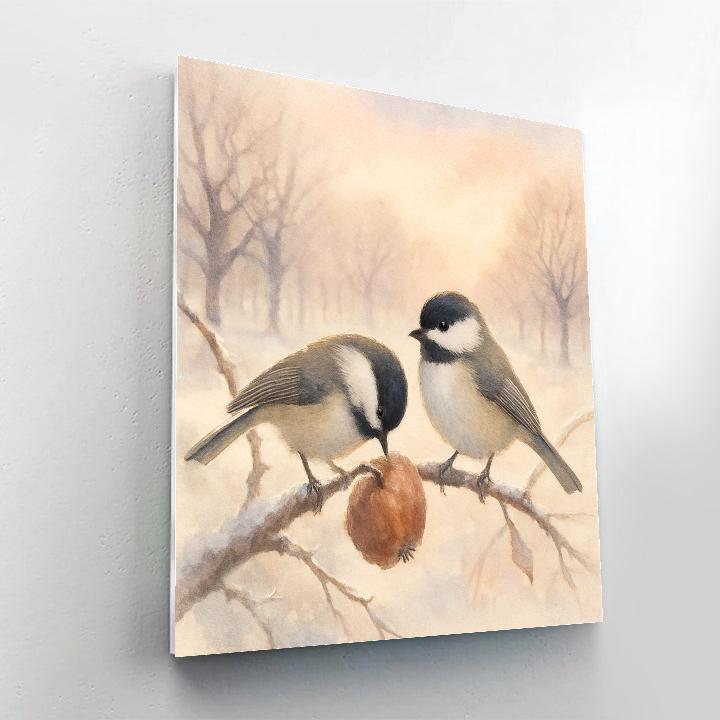 Snowy Orchard Chickadees In Quiet Morning Mist Numbered painting kits