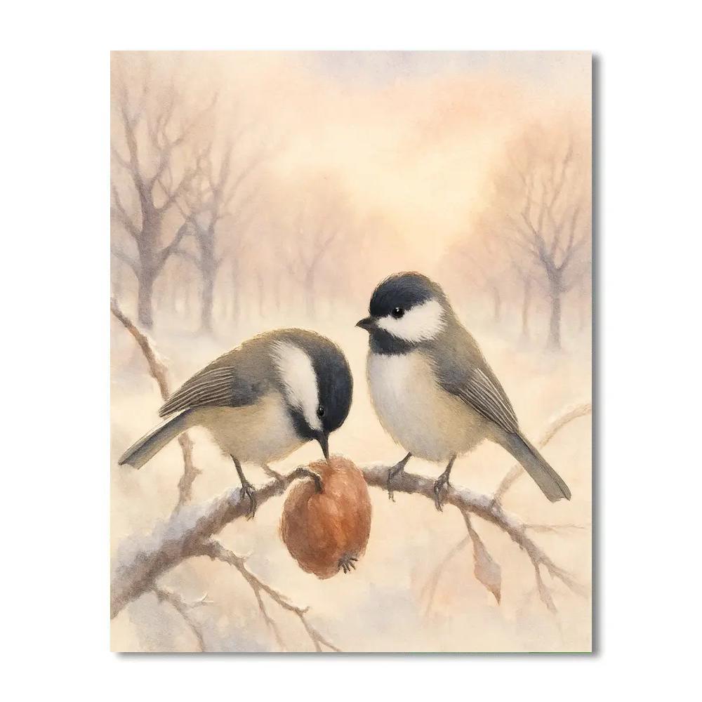 Snowy Orchard Chickadees In Quiet Morning Mist Numbered painting kits