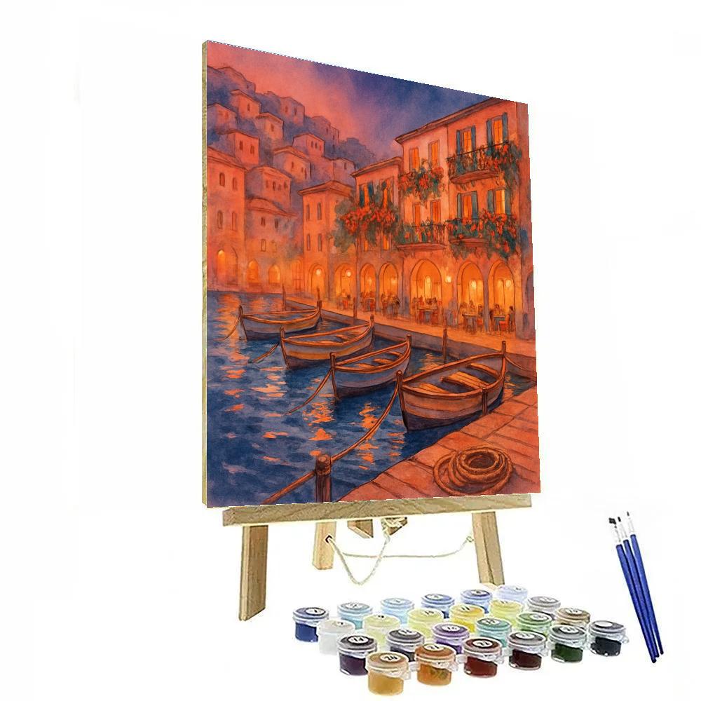 Terracotta Harbor Evening With Quiet Boats Painting by numbers kit