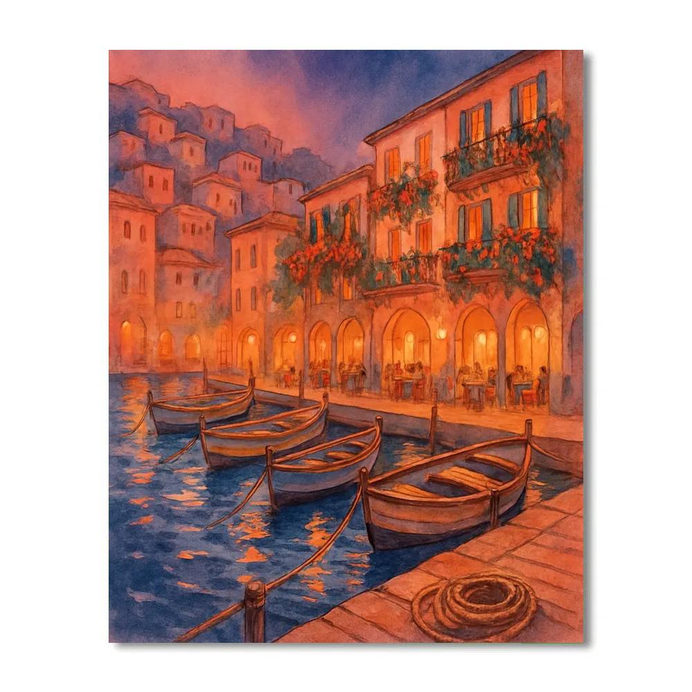Terracotta Harbor Evening With Quiet Boats Painting by numbers kit