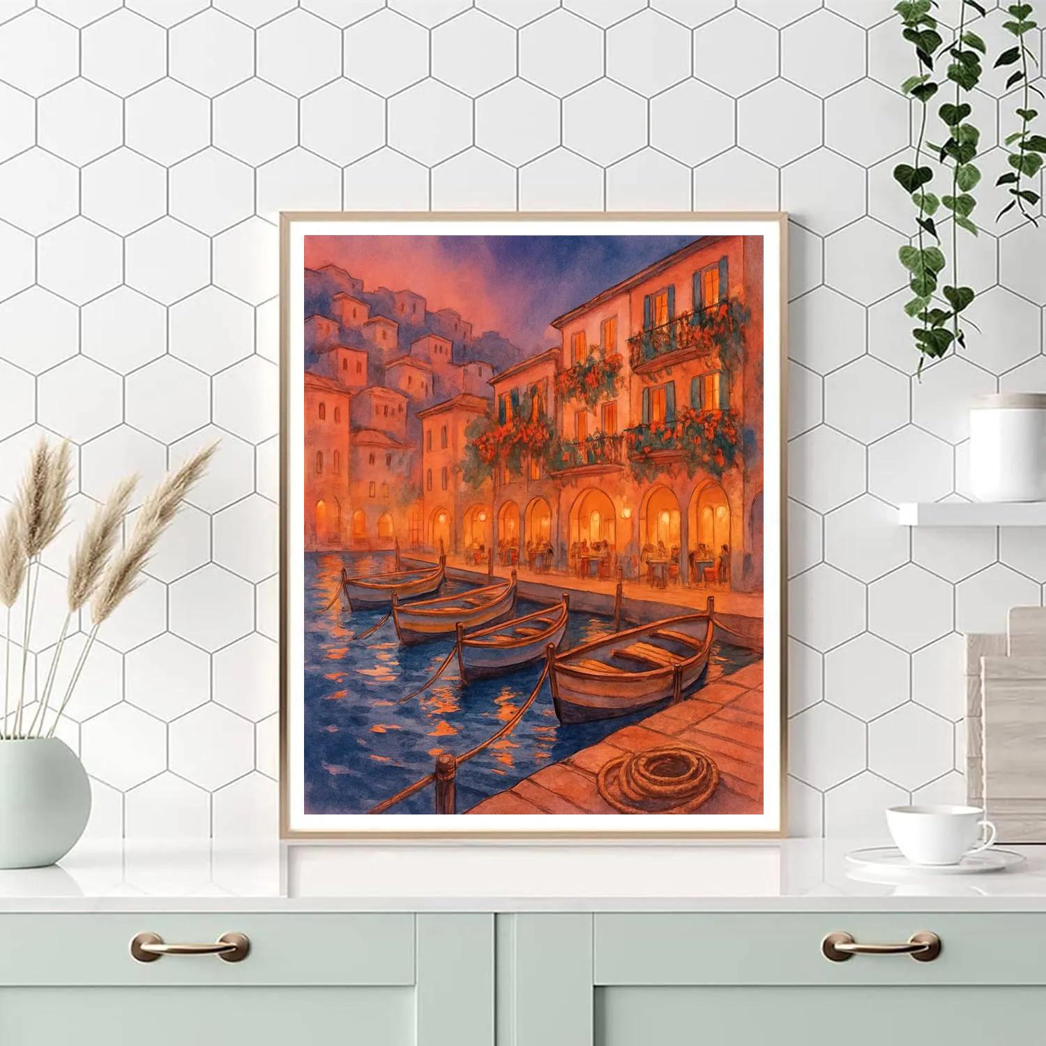 Terracotta Harbor Evening With Quiet Boats Painting by numbers kit
