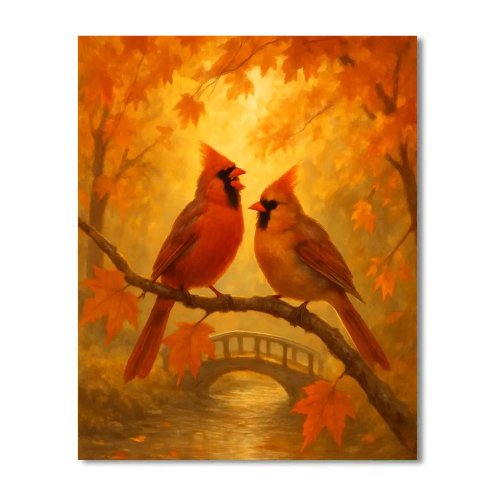 Autumn Bridge Cardinals In Golden Leaves DIY paint by numbers