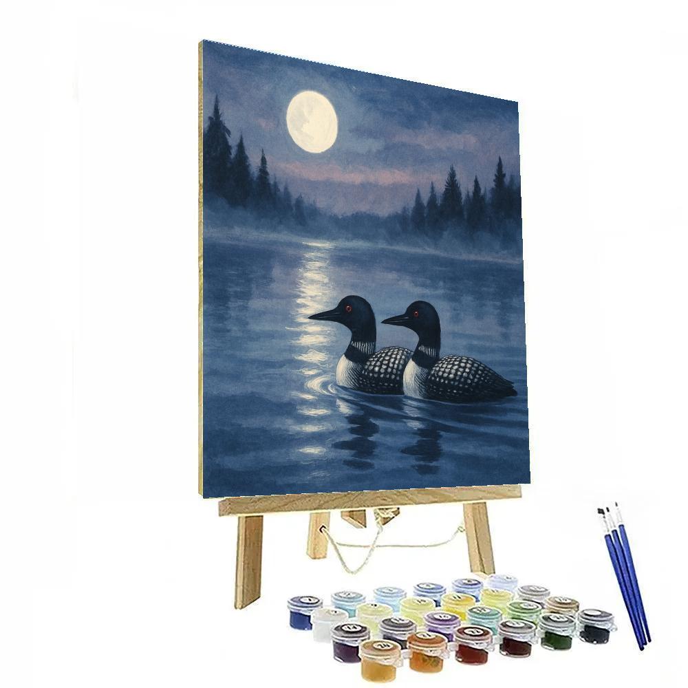 Moonlit Loons On A Glassy Pine Lake painting number kit