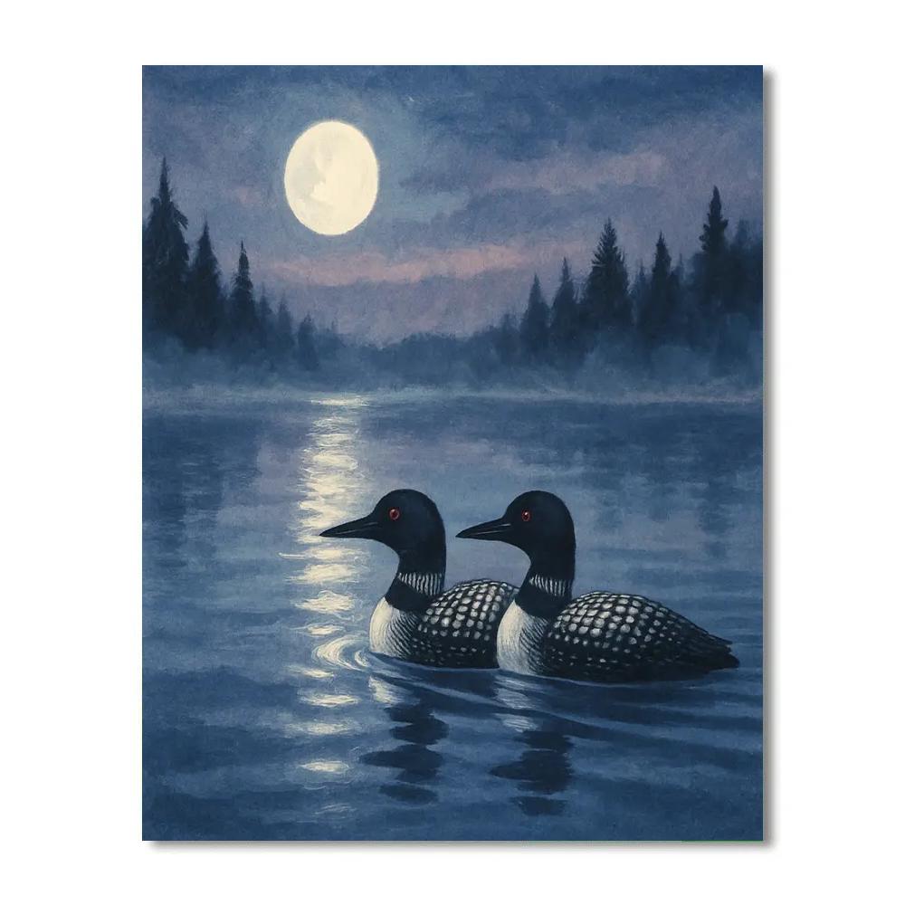 Moonlit Loons On A Glassy Pine Lake painting number kit