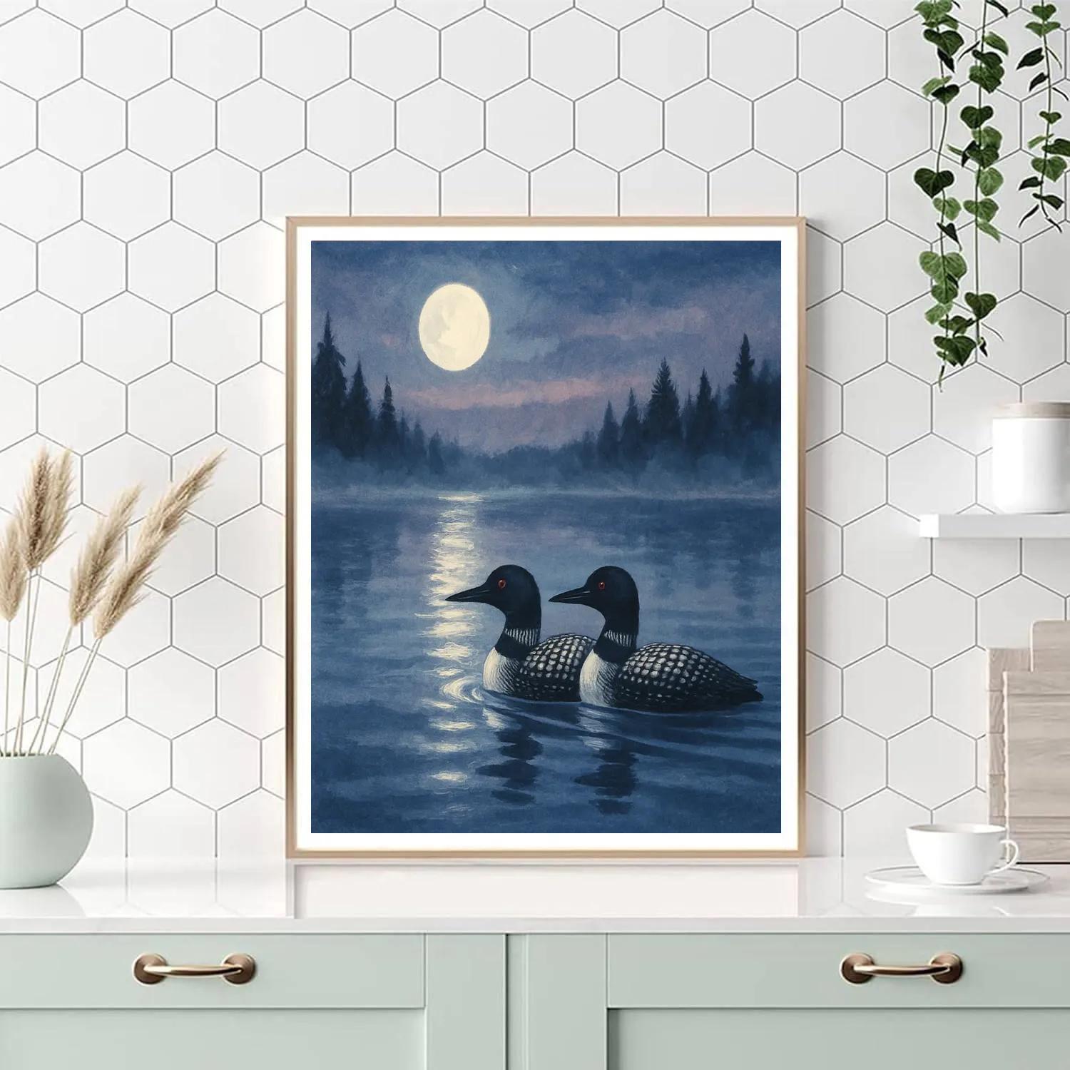 Moonlit Loons On A Glassy Pine Lake painting number kit