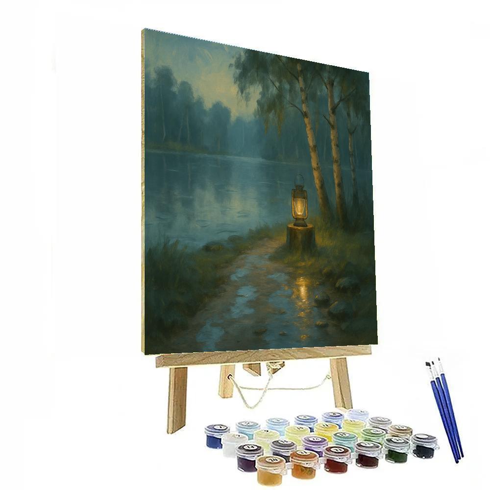 Rainy Lakefront With Cozy Lantern Glow paint by color