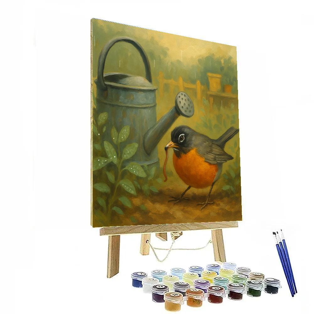 Garden Robin Among Watering Cans And Marigolds Paint by numbers art