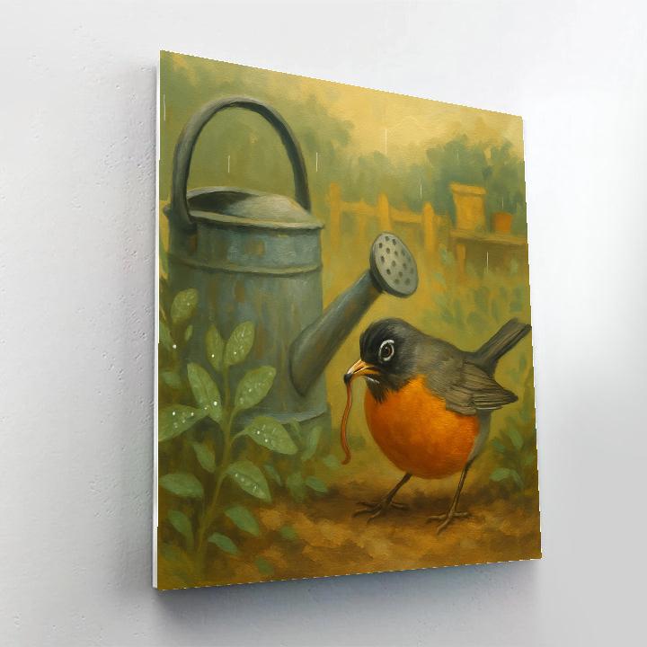 Garden Robin Among Watering Cans And Marigolds Paint by numbers art
