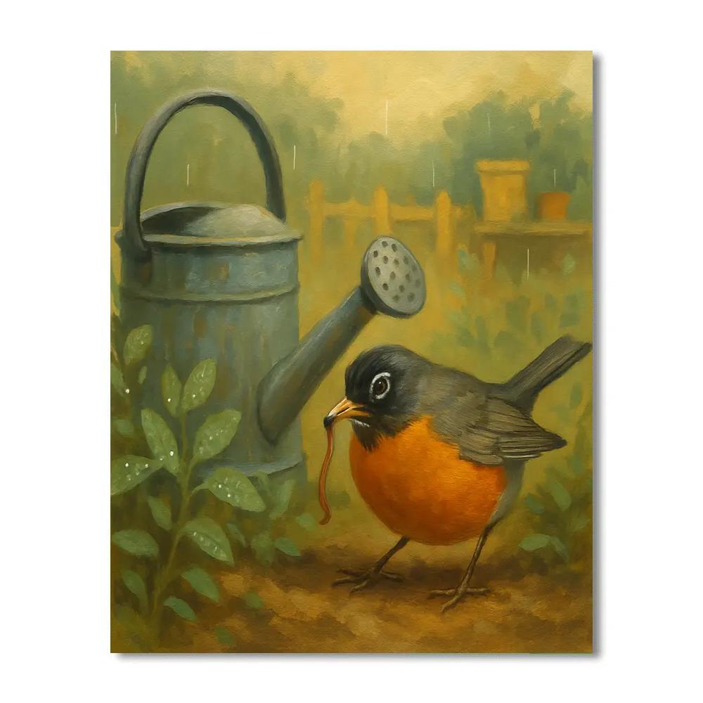 Garden Robin Among Watering Cans And Marigolds Paint by numbers art