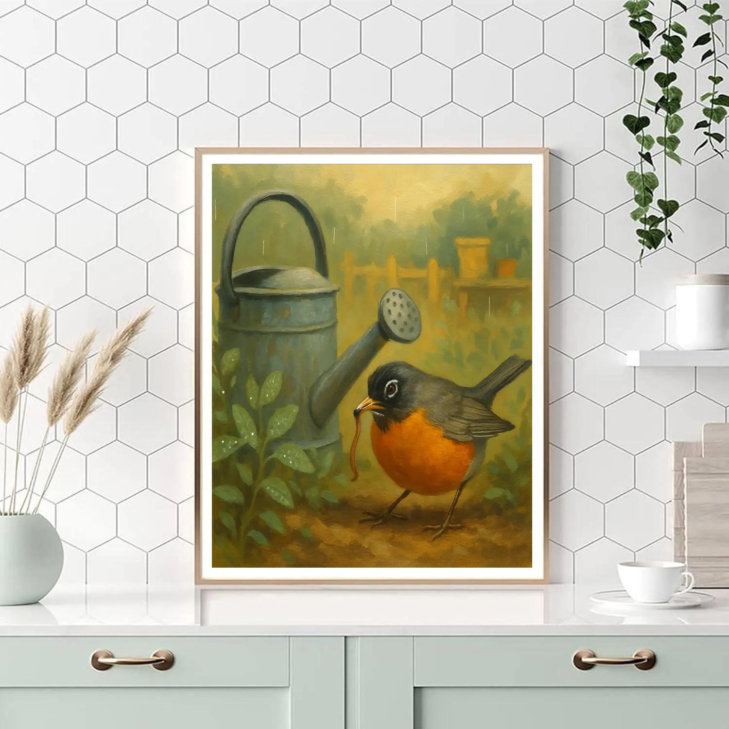 Garden Robin Among Watering Cans And Marigolds Paint by numbers art