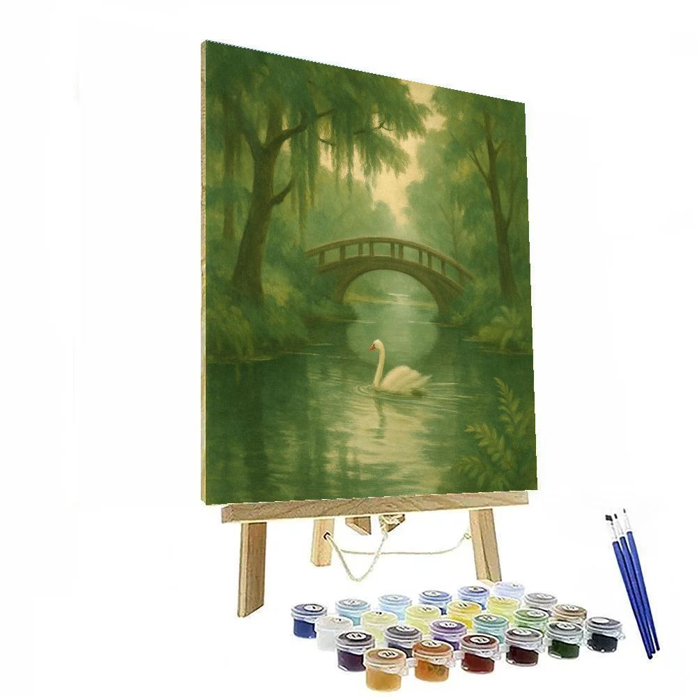 Quiet Forest Pond With Arched Footbridge Paint by numbers kits