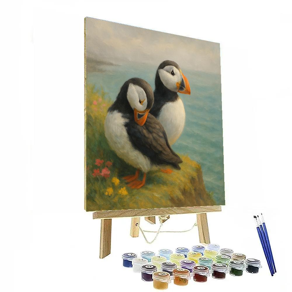 Puffins Resting On A Sea Cliff Wildflower Shelf Number painting