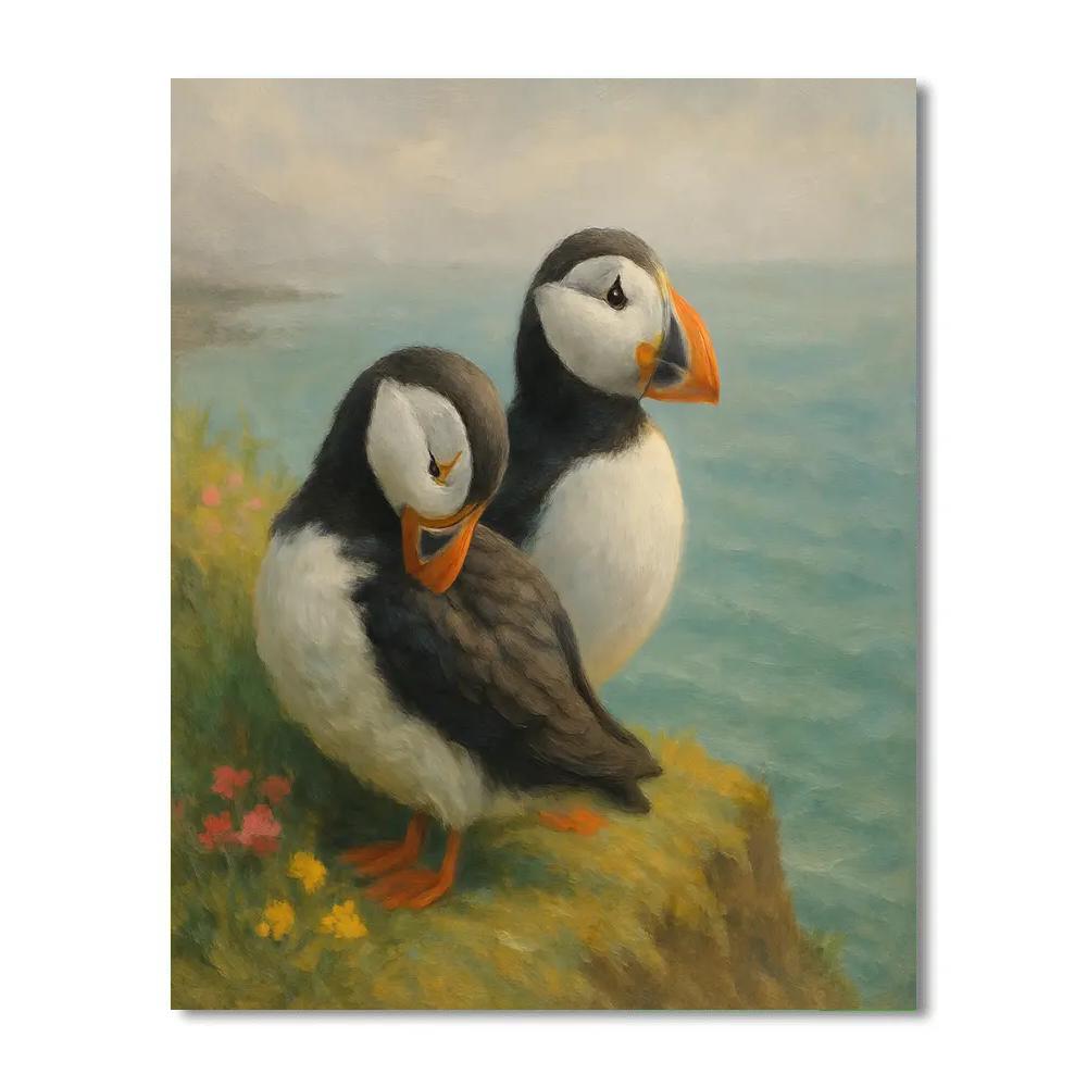 Puffins Resting On A Sea Cliff Wildflower Shelf Number painting