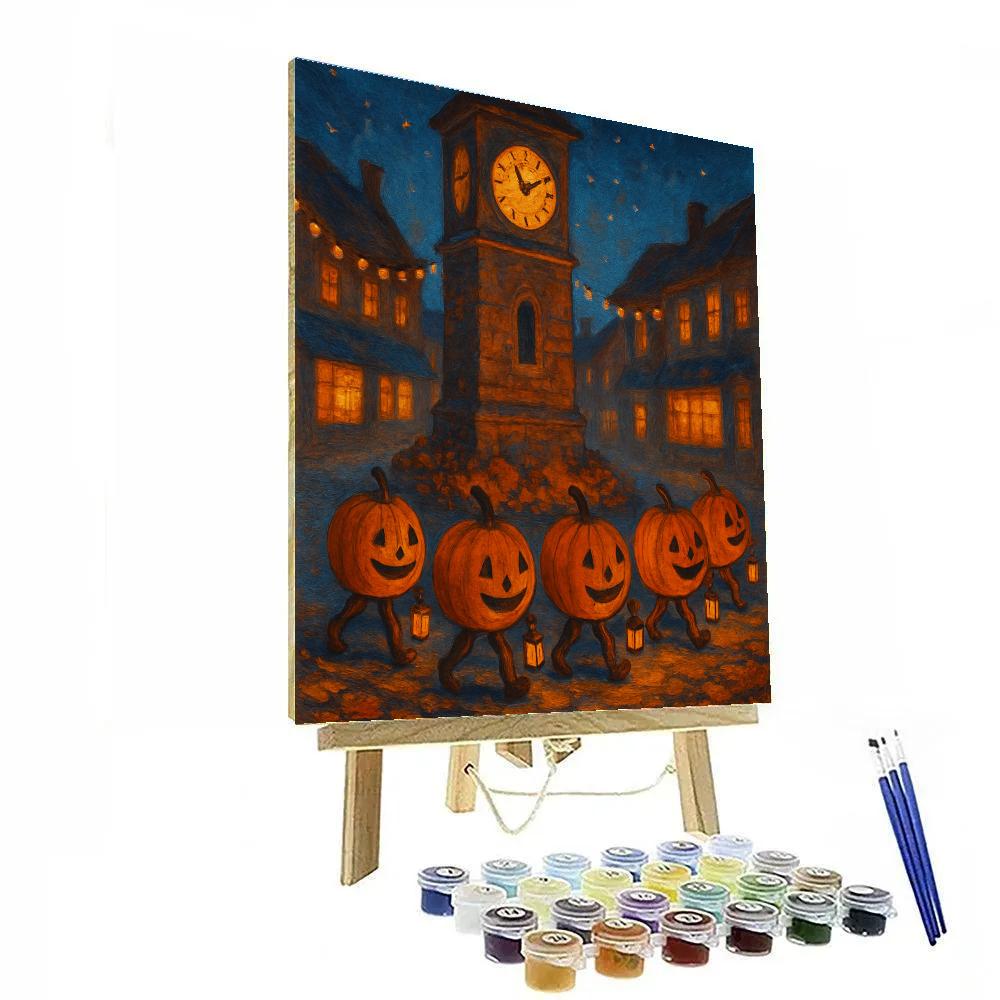 Cozy Clocktower Pumpkin Parade paint by number