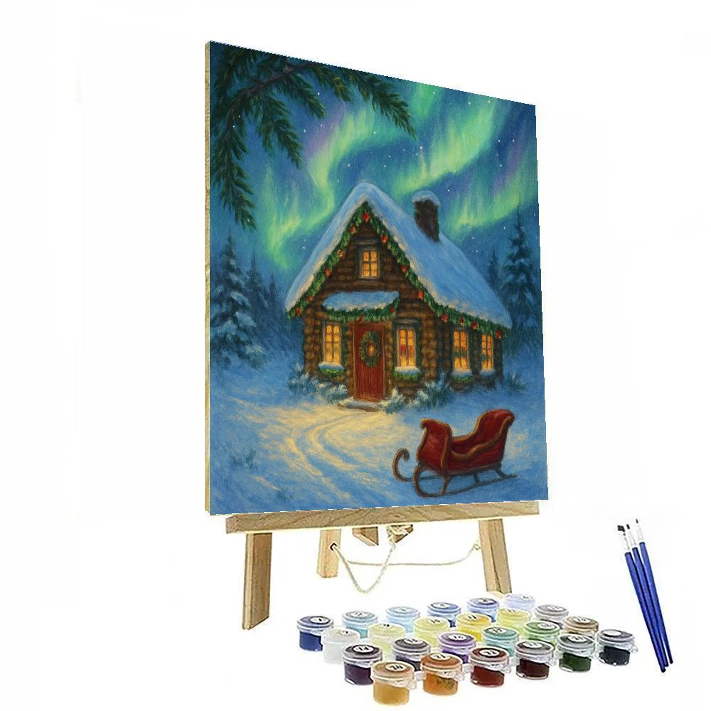 Santa Cottage Under Aurora Veil paint by color