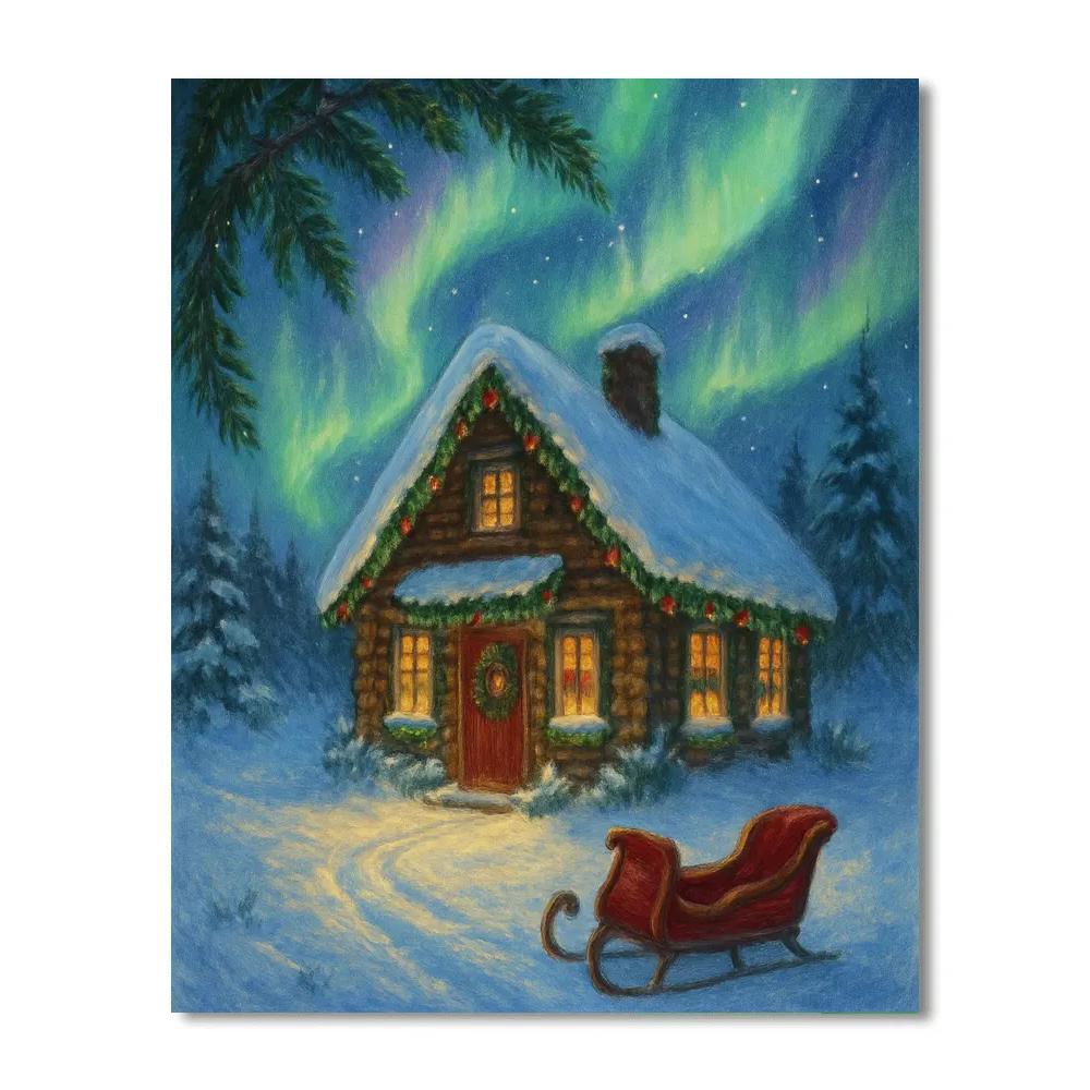 Santa Cottage Under Aurora Veil paint by color